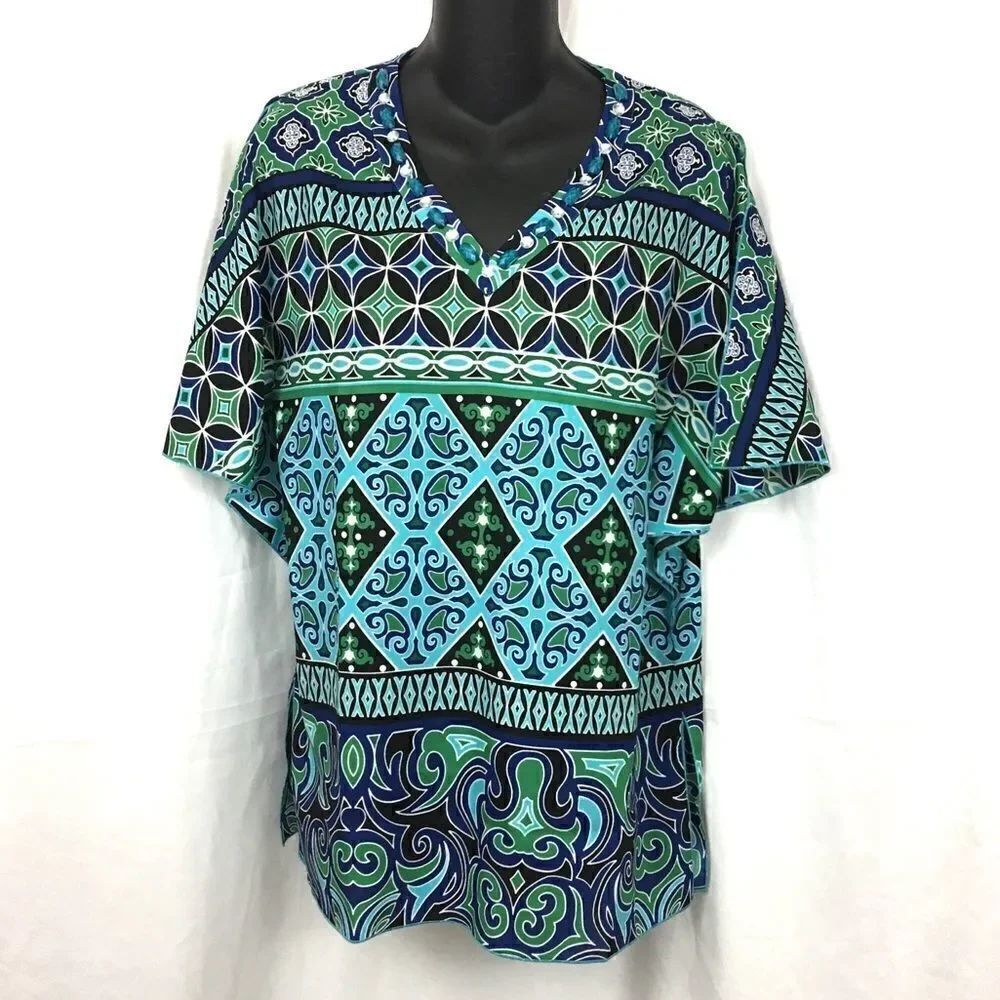 Chico’s Black Label Blue Green & Black Tunic Top Size 00 XS 2